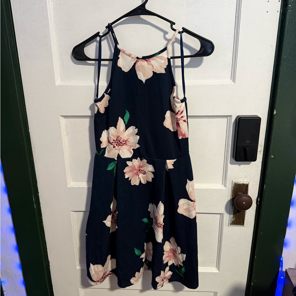 Monteau Navy Floral Halter Dress with Blush Blooms